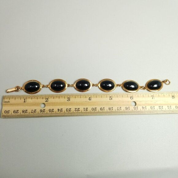 Vintage Black Cabochon and Copper Color Six Panel Chain Bracelet, 7 1/2 Inches - Picture 4 of 6